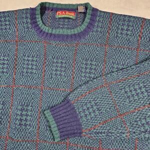 Vintage Jos. A. Bank Sweater Mens M Shetland Wool Green Plaid 90s Grandpacore